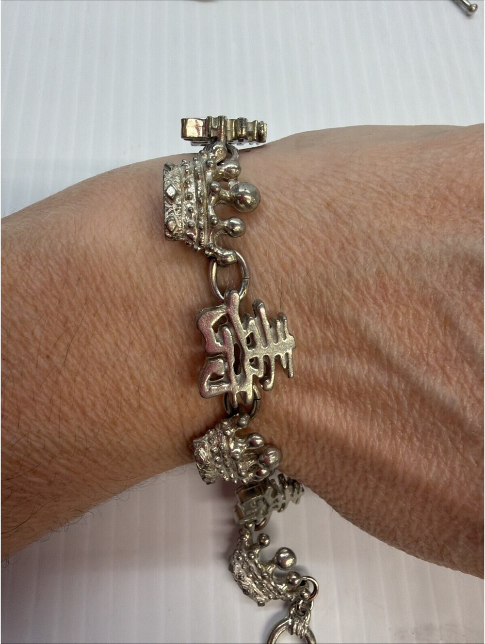 Vintage Retired Rare Maurice Milleur Crown Asian Bracelet Pewter 7.5” Signed